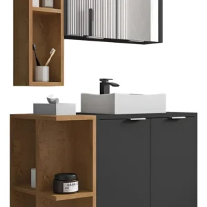 Gabinete De Banheiro Com Cuba E Espelheira Lizzi - Mpozenato Pia Branco Móvel Preto Fosco/Naturalle Quantidade de furos para torneira Sem furos