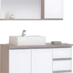 Conjunto Gabinete Banheiro Completo Prisma 0.80m Móvel Madeirado/branco